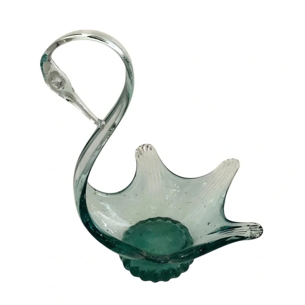 Elegant Hand Blown Glass Vintage Swan Figurine Candy Dish